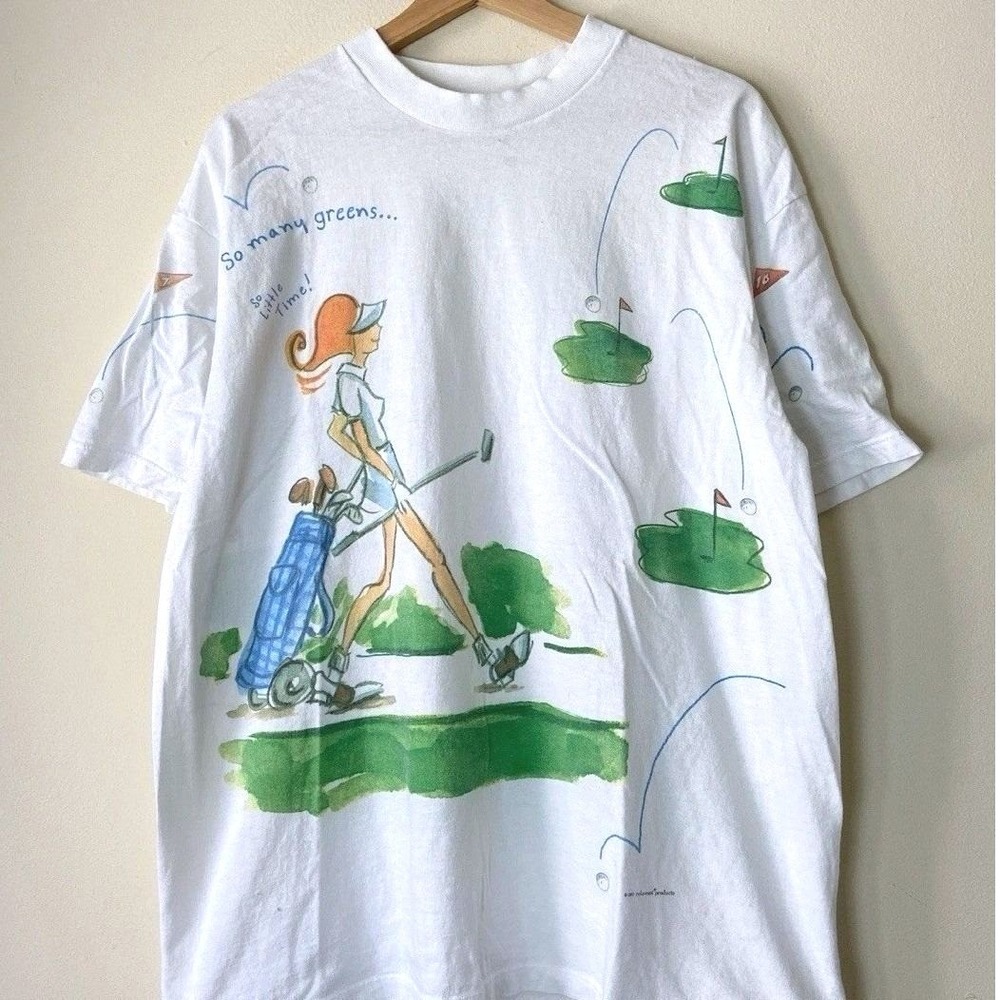 Vintage 90's PGA Tour Golf So Many Greens AOP Art White Tee Shirt